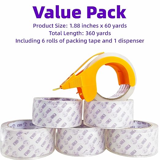 6-Pack Clear Packing Tape with Dispenser, Heavy Duty, Crystal Transparent Packaging Tape for Packing, Shipping, Sealing, Labeling, 1.88 Inches Wide x 60 Yards