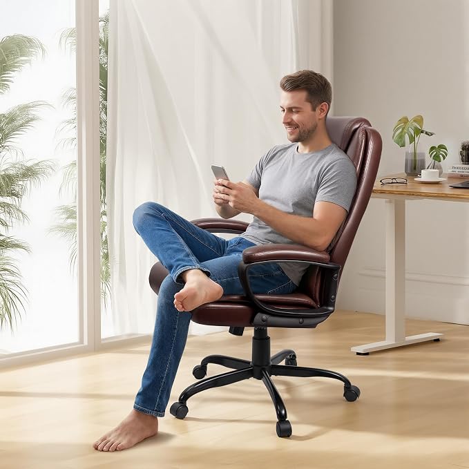 Office Chair, High Back Ergonomic Home Office Desk Chairs with Lumbar Support, Adjustable Big and Tall Computer Chair, 360° Swivel, PU Leather, Brown