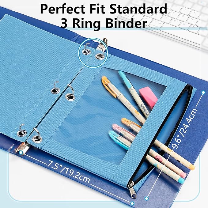 Forvencer 10 Pack Pocket for 3 Ring Binder, Large Pencil Case Pouch | 3 Reinforced Grommets, Pen Bag, Clear Window Pencil Case, Binder Accessories