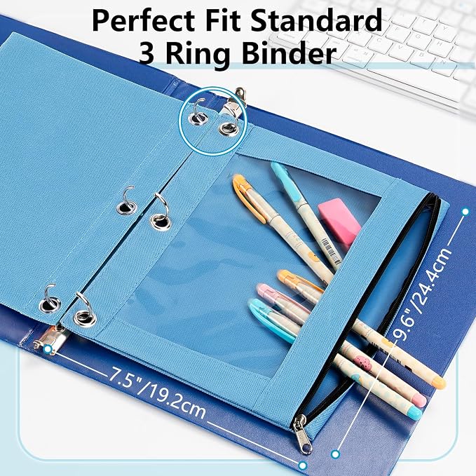 Forvencer 3 Ring Binder Pencil Pouch - Clear Window Pencil Case with Binder | Smooth Zipper, Big Capacity Pencil Bag with 3 Reinforced Grommets, Sky Blue