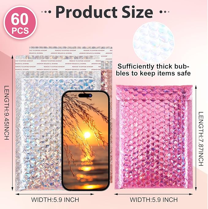 Henoyso 60 Pcs 6 x 9.5 Inch Holographic Bubble Mailers Metallic Bubble Envelopes Usable Size 5.12" x 7.87" Waterproof Self Seal Shipping Bags for Makeup Jewelry Small Business, Silver, Pink, Rose Pink