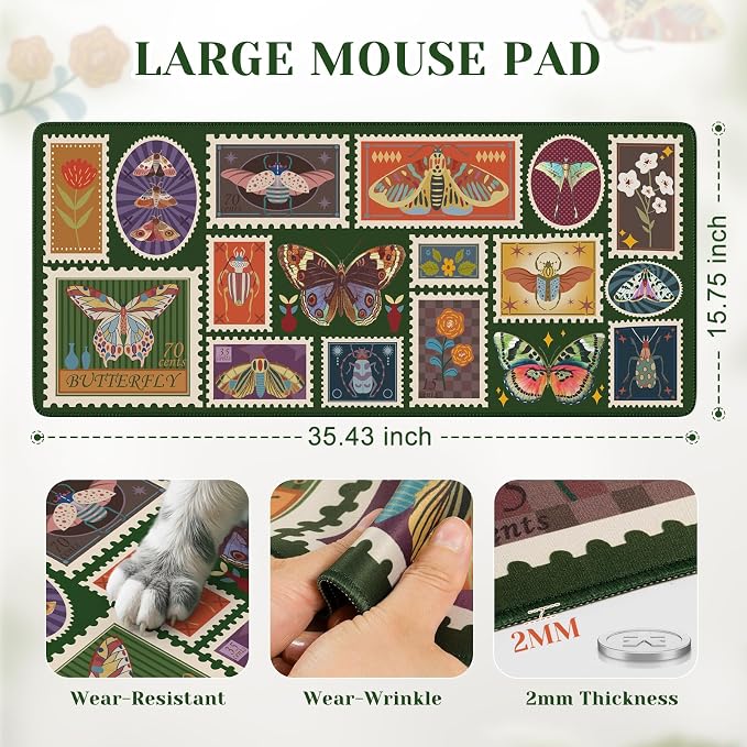 iCasso Vintage Desk Cover Mat, XXL Large Butterfly Mouse Pad, Olive Green | Desk Matt for Desktop Protector, Anti-Slip Mousepad with Stitched Edges for Laptop Computer Keyboard