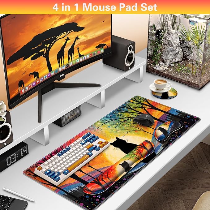 Canjoy Desk Mat with Wrist Rest, Anime Black Cats Keyboard and Mouse Pad | 4-in-1 Large Mouse Pad(35.4×15.7in) + Keyboard Wrist Rest + Coaster, Kawaii Cute Keyboard Mat Extended Desk Pad Memory Foam