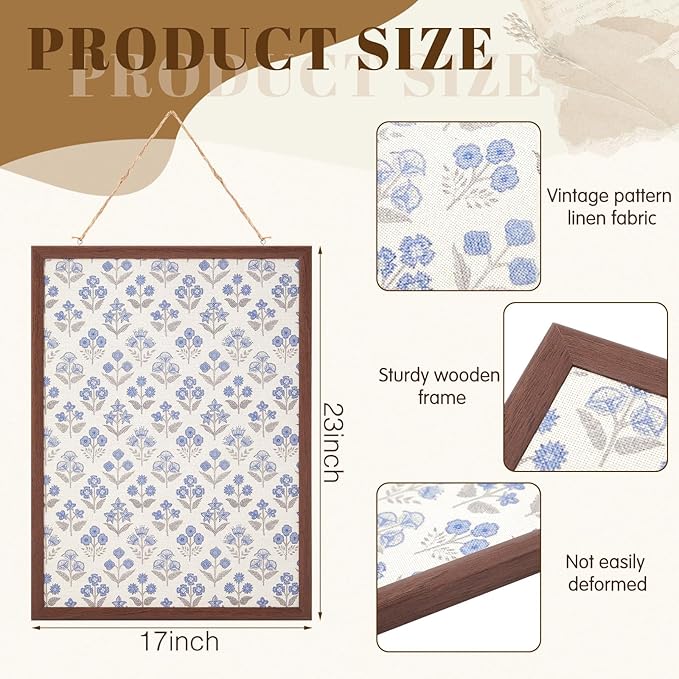Leinuosen 17 x 23 Cork Board for Walls Decorative Floral Cork Boards with Blue Flower Small Linen Bulletin Board Framed with Pins for Home Room School Office Decor