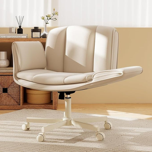 Criss Cross Chair with Wheels & Armrests,Comfy Wide Vanity Chair,Scratch-Resistant Pu Leather Cross Legged Desk Chair,Height Adjustable Computer Office Desk Chairs for Home,Makeup,Bedroom