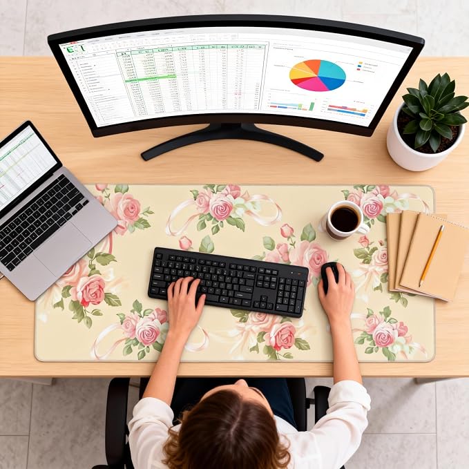Cute Floral Aesthetic Rose Gaming Mouse Pad, Pink Macaron Desk Mat with Anti-Slip Base & Stitched Edges, Computer Keyboard & Laptop Pad, 35.4" x 15.7" in in Workstation Accessories