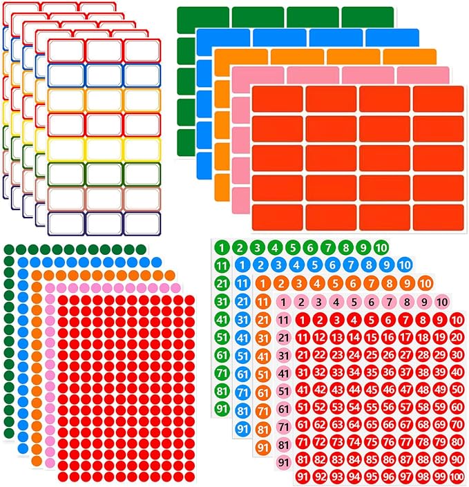1740PCS Colorful Self Adhesive Labels Stickers,Blank Name Rectangular Tags, Round Colored Dot Stickers & Number 1-100 Color Coding Stickers for Office, School, Storage Organizing, Craft DIY