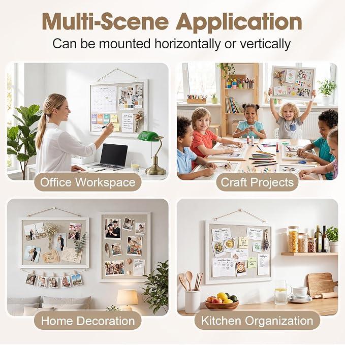 Linen Bulletin Board 14.5"x11", White Wood Frame, Nail-Free Wall Mount, Vision Board, Memo Board for Home Kitchen Office School, Room Decor, Wall Decor, 10 Pushpins