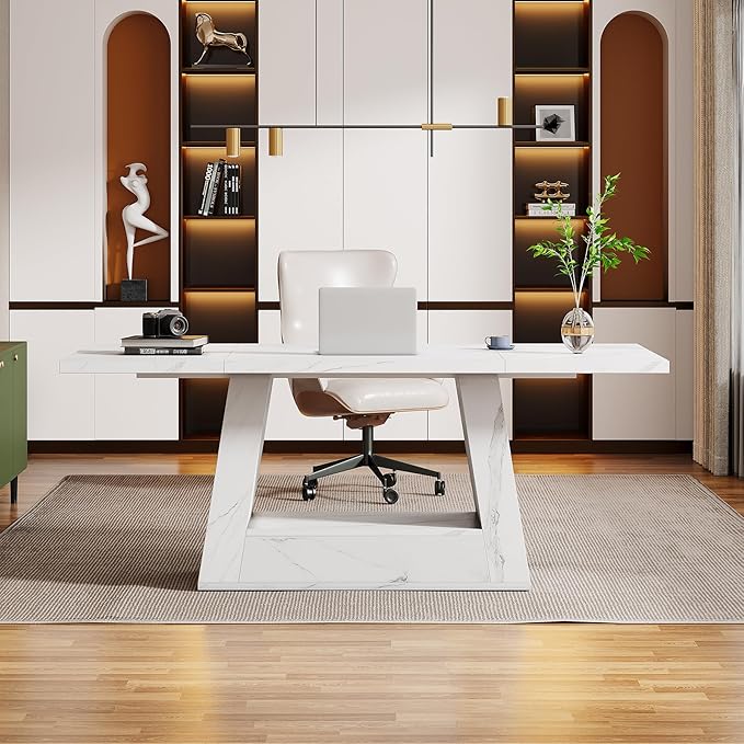 Tribesigns Modern Computer Desk, 63-Inch Large Office Desk Workstation, Simple Style Executive Desk Study Table with Sturdy Base, Wooden Faux Marble Writing Desk for Home Office, White