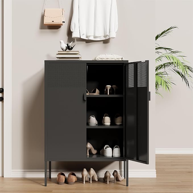 Metal Storage Cabinet,2 Door TV Stand, Metal Mesh Accent Cabinet | Magnetic Door Closure,Low Storage Cabinets with Doors and Shelf for Home,Office,Living Room