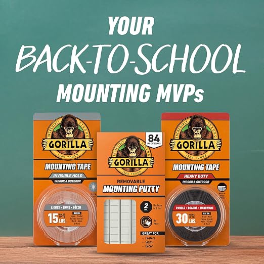 Gorilla Invisible Hold Mounting Tape, Holds Up to 15 lbs, Clear, 1" x 60" | Clear Double-Sided Tape for Strong, Permanent Bond, Discreet Adhesive for Classroom and Study Space Setup