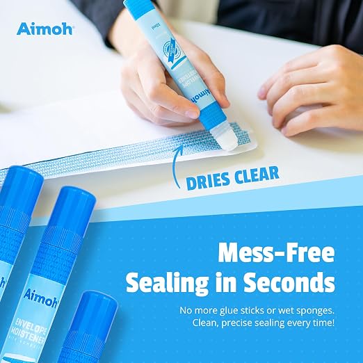 Aimoh Envelope Moistener & Envelope Sealer, Fast-Drying Adhesive 4-Pack | For envelopes, stamps & letters, Quick-drying, Clear finish, Non-toxic, 4 x 50ml, Home, office & school use (13454)