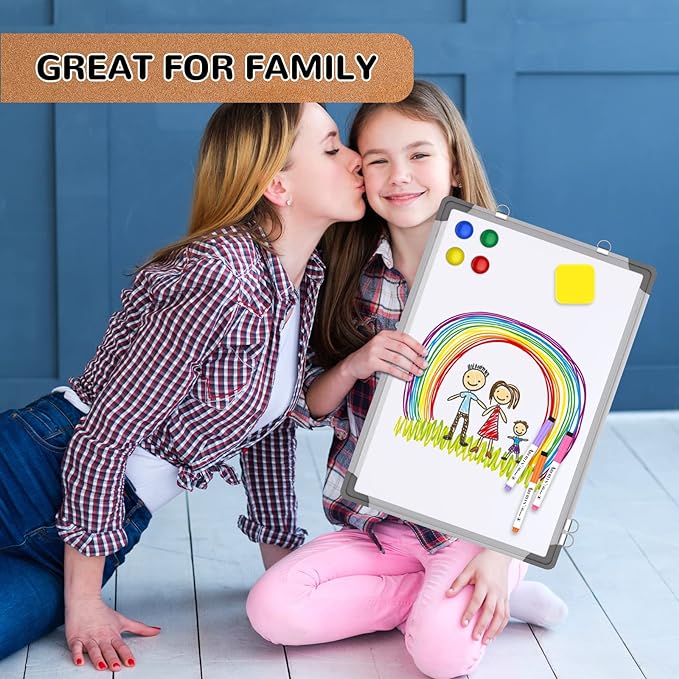 Monthly Calendar Whiteboard for Wall, Dry Erase Board with Cork Board Combo | 17"x13" Small Magnetic White Board, Double-Sided Hanging Board for Office Home, Portable Board for Planner Memo