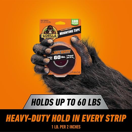 Gorilla Heavy Duty Double Sided Mounting Tape, Black Tape, 1" x 120" (Pack of 12) - Weatherproof for Indoor or Outdoor