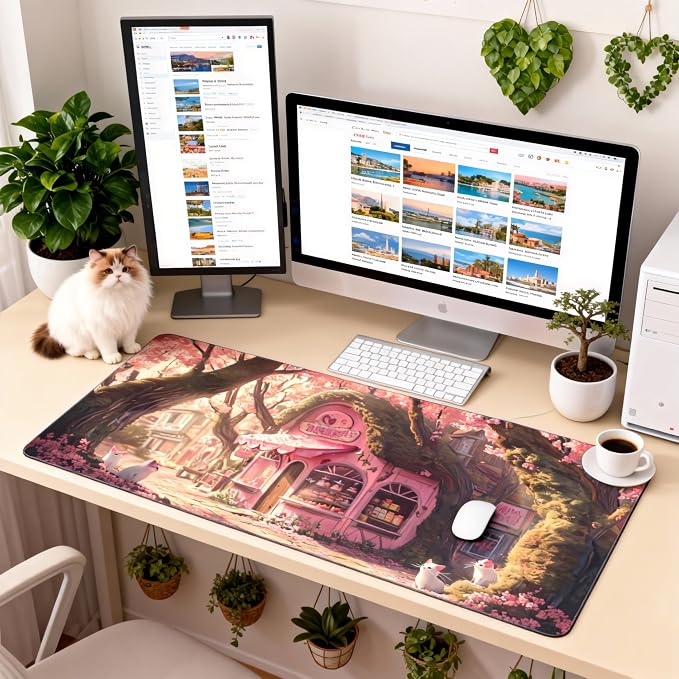 Cute Anime White Cat Gaming Mouse Pad, Pink Dreamy Desk Mat with Anti-Slip Base & Stitched Edges, Office Supplies & Desk Decor for Women, 35.4" x 15.7" in Home Office