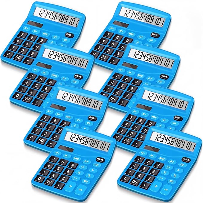 8 Pack 12 Digits Calculator Bulk Calculators Desktop Solar and Battery Dual Power Large LCD Display and Sensitive Butto Handheld for Office, School, Home(Dark Blue)