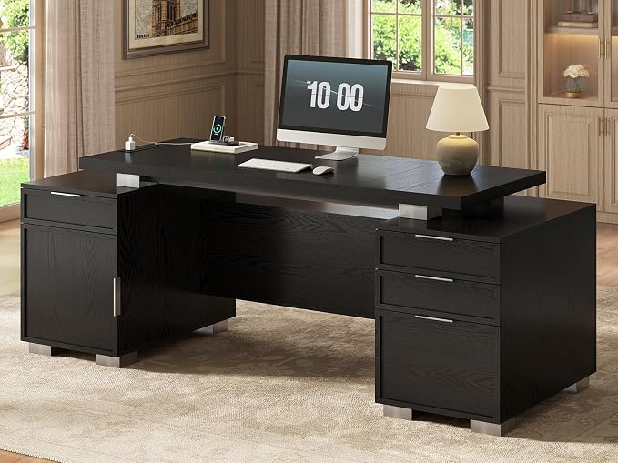 80.6" Executive Desk with Power Outlet and File Drawer, Modern Home Office Desk with 3 Large Cabinets and Privacy Panel, Business Furniture for Home Office, Living Room, Black