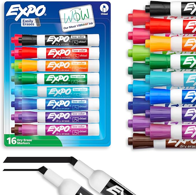 EXPO Dry Erase Markers, Low Odor Ink, Assorted Colors, Chisel Tip, 16 Count - Whiteboard, Calendar, Organization, Essential Supplies for Office, School, Classroom, Teachers