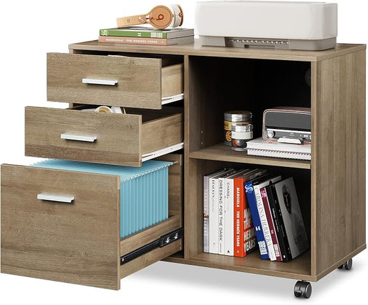 DEVAISE Wood File Cabinet, 3 Drawer Lateral Filing Cabinet, Gray Oak | Mobile Office Cabinet, Printer Stand, Open Storage Shelves, Letter & A4 Compatible, Home Office
