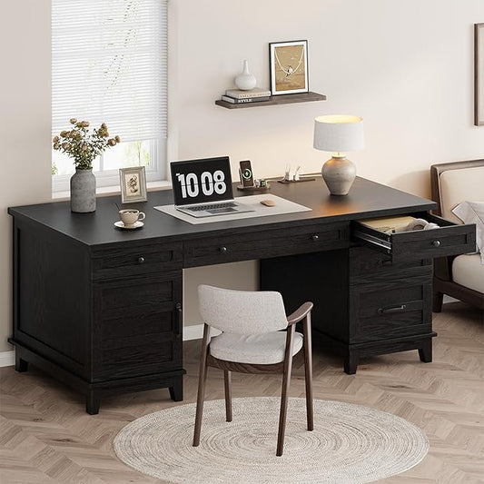 Garvee 60" Wooden Home Office Desk with File Drawers, Executive Desk with Adjustable Cabinet, Farmhouse Wood Desk with Power Outlet, Distressed Study and Work Table, Rustic Black