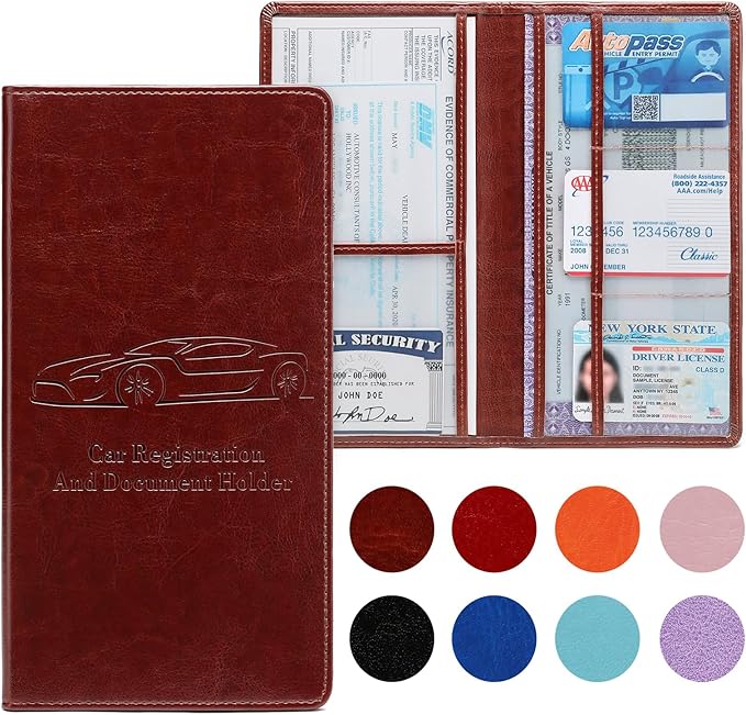 Car Registration and Insurance Card Holder for Women Men, Dark Brown Glove Box Paperwork Organizer with Magnetic Buckle for Easy Access and Protect Documents and Various Cards in Vehicle