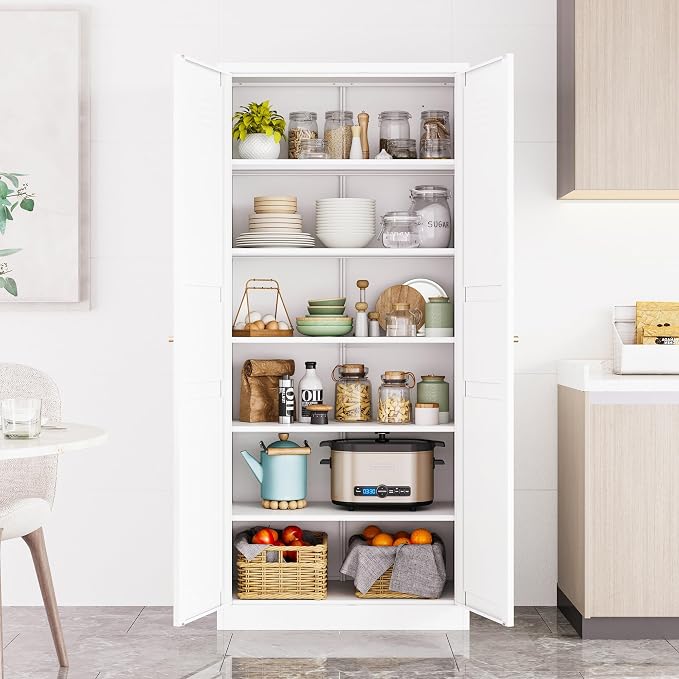 71" Tall Pantry Cabinet with 2 Doors and 5 Shelves,Kitchen Pantry Storage Cabinets,White Metal Storage Cabinet,Wide Deep Food Cupboard for Home,Kitchen,Dining/Living Room