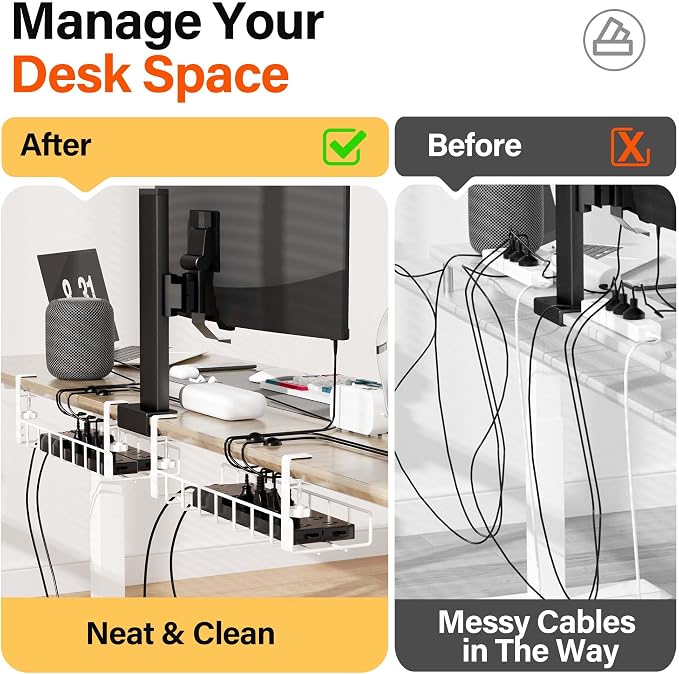 2 Pack Under Desk Tray, 31.4" No Drill Wire Management with Upgraded Clamp, Metal Cord Organizers for Desk, PC Cable Rack, White