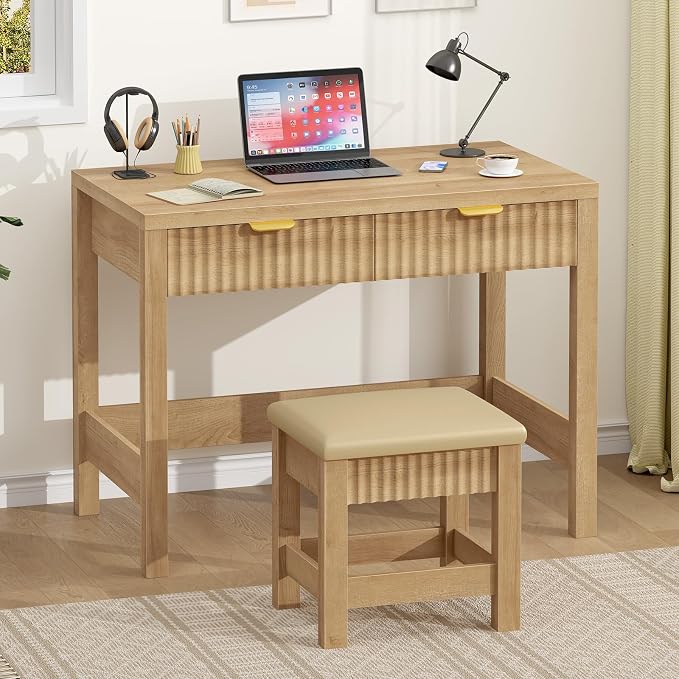 32 Inch Small Fluted Computer Desk with 2 Drawers & Stool for Bedroom | Small Wooden Computer Desk with Storage, Compact Writing Study Vanity Desk with Stool for Small Spaces, Oak