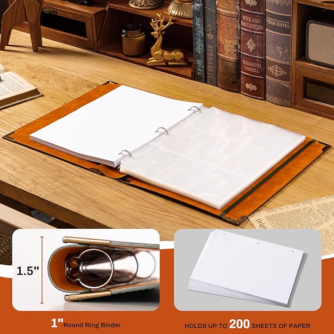 Ovesmusl PU Leather 3 Ring Binder 1 Inch Round Ring Binder Holds 200 Sheets | 8.5"x11" Letter Size Paper, Wedding Family History Notebook Cover Loose Leaf Organizer, Black
