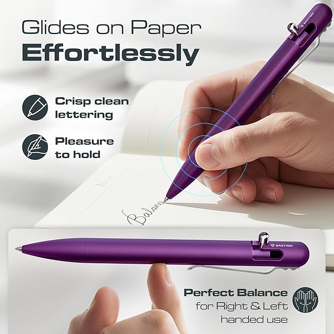 BASTION Aluminum Bolt Action HyperBolt Pen - CNC Machined Lightweight EDC Writing Tool, Refillable, Premium Gift Pen for Women & Professionals - Purple