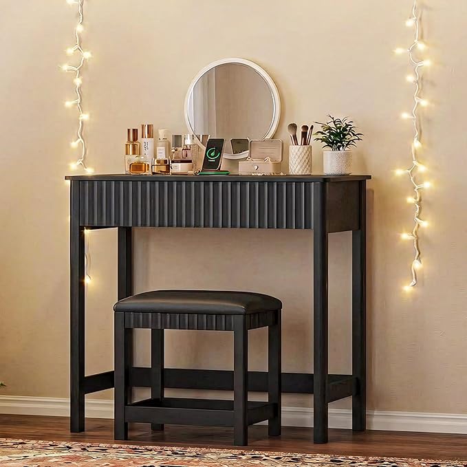 ChooChoo 40 Inch Modern Desk with Drawers, Makeup Vanity Desk with Padded Stool, Small Home Office Desk for Bedroom, Black