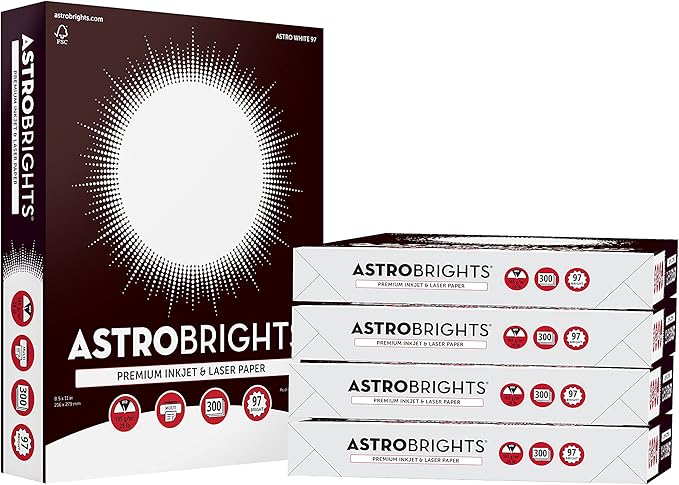 Astrobrights® Printer & Copy Paper, 8.5" x 11", 28lb/105gsm, 97 Brightness, White, 5 reams of 300 sheets per ream, 1,500 sheets per carton (91738-01)