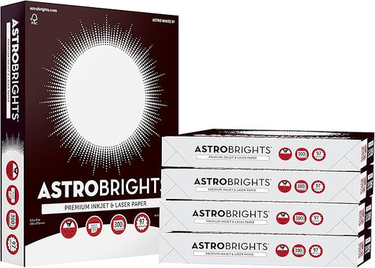 Astrobrights® Printer & Copy Paper, 8.5" x 11", 28lb/105gsm, 97 Brightness, White, 5 reams of 300 sheets per ream, 1,500 sheets per carton (91738-01)