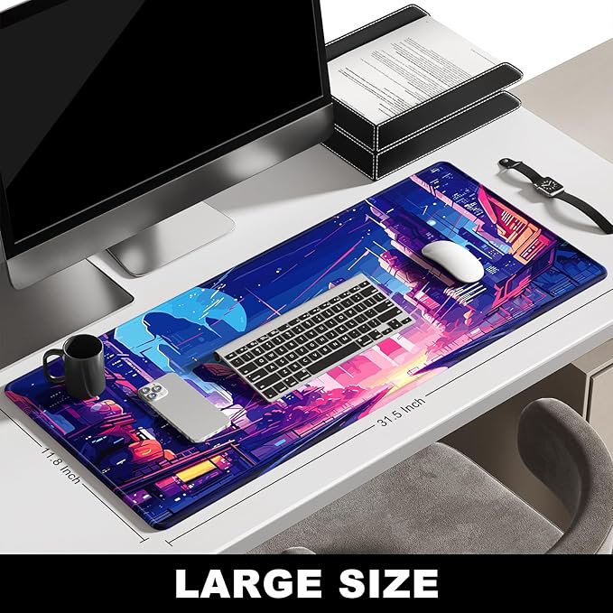 BOSOBO XXL Extended Gaming & Desk Pad, Full Cover 31.5 x 11.8 Inches - Anime Tokyo Cyberpunk
