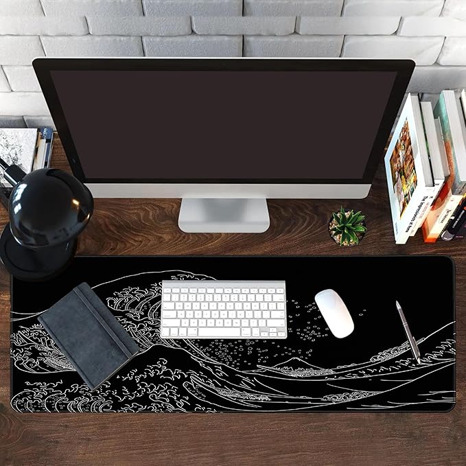 Long Gaming Mouse Pad Extended Anime Large Desk Pad with Non-Slip Base Full Keyboard Mat with Stitched Edges for Gaming and Office 31.5 x 11.8 inches (Black Wave)