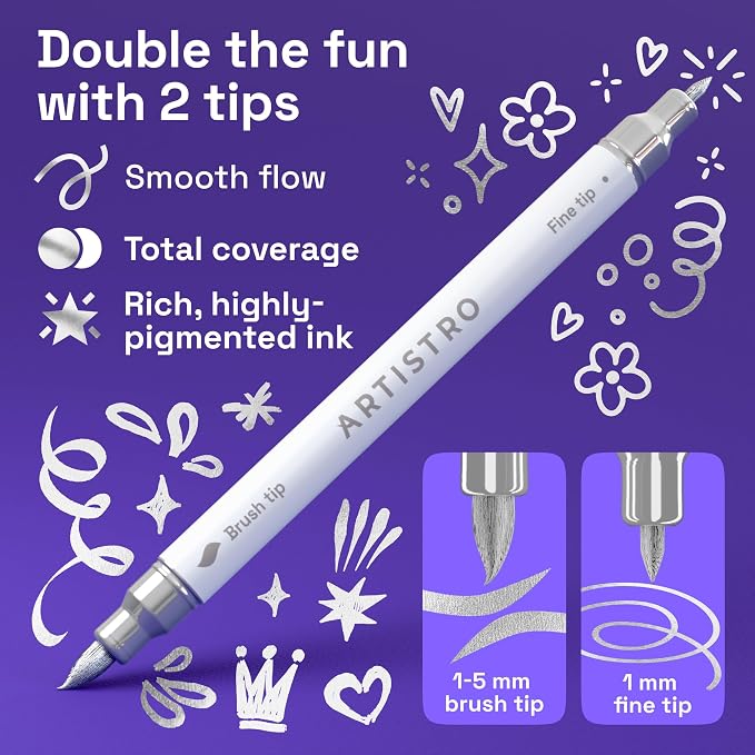 ARTISTRO 12 Silver Dual-Tip Acrylic Paint Marker Pens for Drawing | For Fabric, Rock, Glass, Wood, & Molds, Arts & Crafts Gift for Adults, Teens, & Kids, Classroom Must Haves & School Supplies