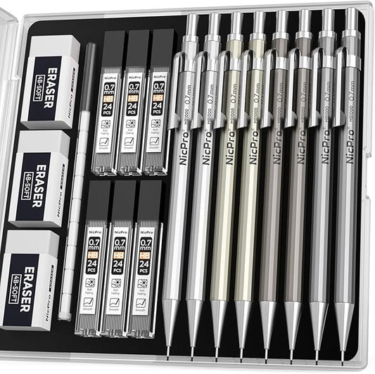 Nicpro 8 Pack Mechanical Pencil 0.7mm with Case, MB1000 Metal Mechanical Pencil Set with 6 Tube HB #2 Lead Refill 0.7 mm, 3PCS 4B Eraser, 9 Cap Eraser for Artist Drafting Writing, Sketching, Drawing