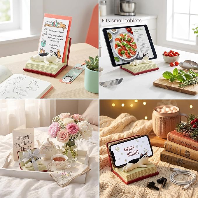 RAQWI Cat Lying on Book Phone Stand, Red | Cute Kitten Cell Phone Holder for Desk, Creative Resin Bookish Decor, For Home Office, Gift for Readers & Cat Lovers