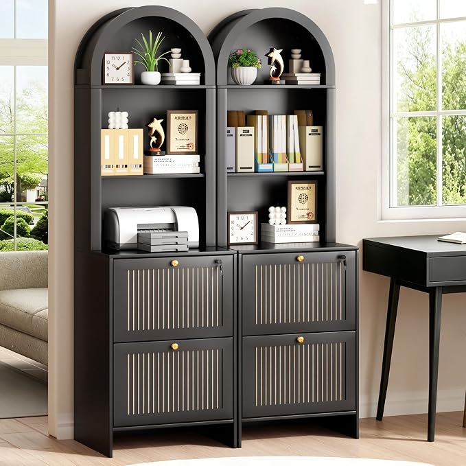 64.8"H Arched 2 Drawer File Cabinet, Farmhouse Vertical Cabinet with Lock | Vertical Filing Cabinet Fits Letter,Legal,A4 Hanging Folders,with Printer Stand Storage Bookshelf for Home Office,Living Room