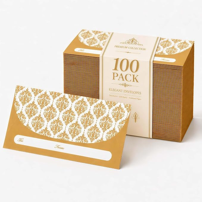XXINMOH 100 Pack Gold Money Envelopes for Cash Gifts (7x3 Inch), Fancy Decorative Design Money Holder for Christmas, Birthday, Graduations, Weddings, Small Money Saving Envelopes, Bulk Value Pack