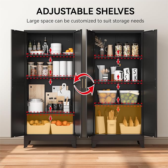 COFaR 61" Metal Pantry Cabinet in Black, Modern Storage Cabinet with Adjustable Shelves, Sturdy Metal Cupboard for Kitchen, Office, Living Room & Bathroom Organization