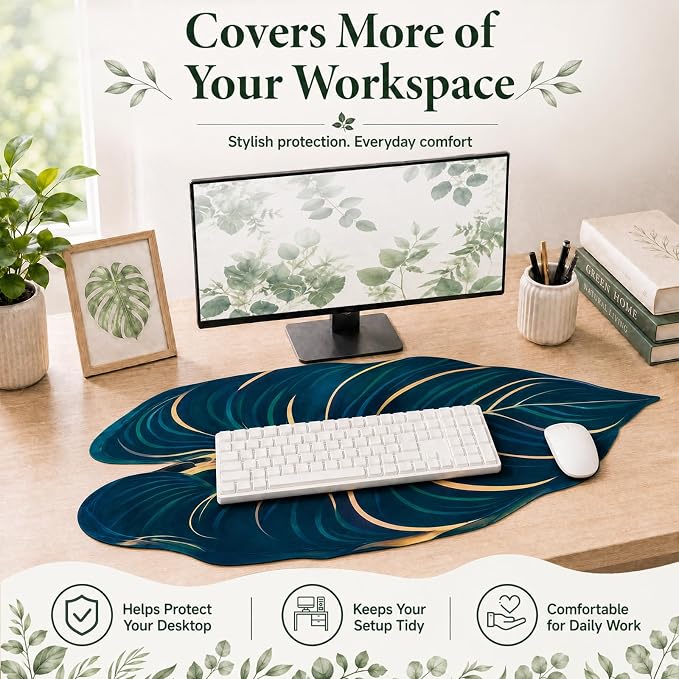 Large 3D Green Leaf Desk Mat Green Palm Tropical Keyboard Mouse Non Slip | Botanical Mouse Big Pad, Non-slip Base Mousepad Decorative Keyboard Mat, Desk Protector Office Home, 35.43 x 15.75 Inch