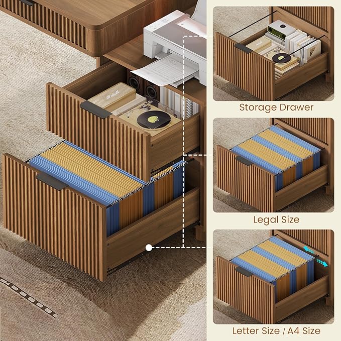 SEDETA Modern Office Desk with 4 Drawers, 59" Fluted Gaming Computer Desk with Storage, LED Lights and Power Strip, Wood Writing Desk Study Table for Home Office, Living Room, Bedroom, Brown