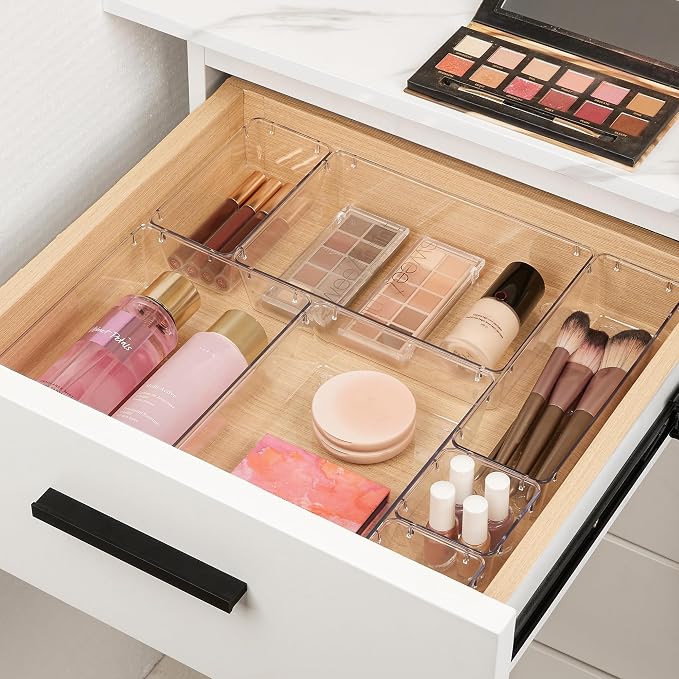 Vtopmart 10 Pack Clear Drawer Organizer Bins, 4 Sizes Makeup Storage Trays | Makeup & Vanity Storage Organizers for Drawers, Bathroom, Office and Daily Essentials, Clear Acrylic Bins Keep Items Sorted