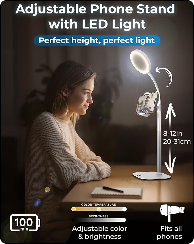 COOPER ChatStand Halo Sturdy Phone Stand for Recording with Light for Desk | 9-13" Adjustable, Weighted Base, iPhone Stand & Phone Holder, Ring Light Tripod for Video Recording, Filming, Fits all Phones
