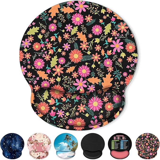 Ergonomic Mouse Pad with Wrist Rest, Small Mousepad with Non-Slip Rubber Base and Smooth Surface, Black Flowers Mouse Pads for Desk, Office Desk Accessories