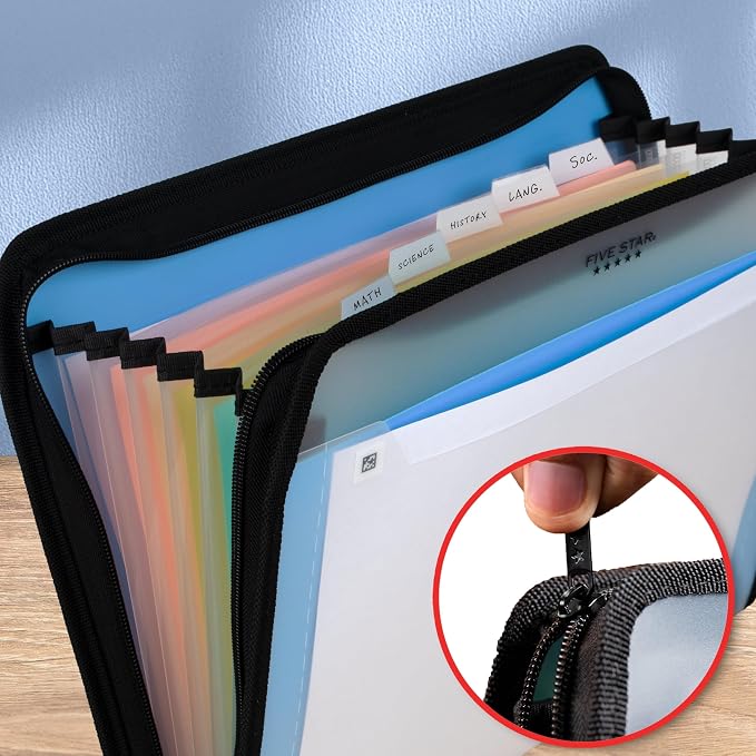 Five Star Expanding File Organizer + Study App, 7-Pocket Accordian File Organizer, Zipper Closure, Holds 8.5" x 11" Paper, Blue (Color May Vary) (350099B)