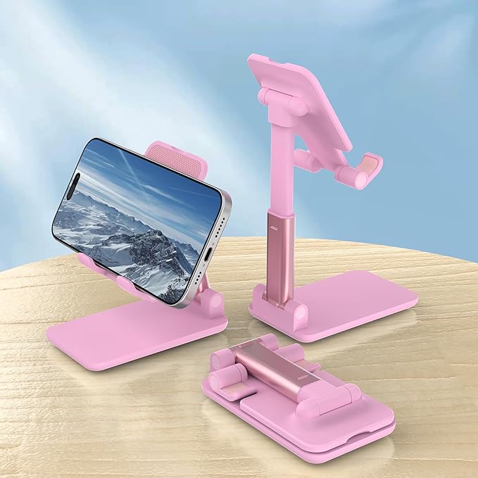 Cell Phone Stand, Adjustable Angle and Height Cell Phone Holder for Desk, Foldable and Portable, Anti-Slip Silicone Pad, Compatible with All Mobile Phones and 4-8 Inch Devices (Black&White&Pink)