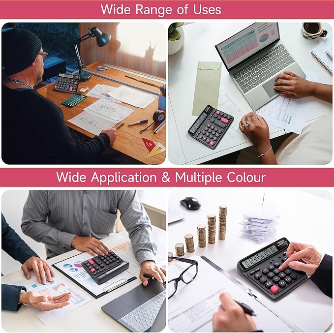 VEWINGL Desktop Calculator with Large LCD Display, 12-Digit Dual Power Solar & Battery Office Calculator with Big Buttons for Business, Accounting & Home Use (Black, L)