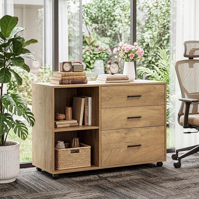 Tribesigns 39" Rolling File Cabinet with 3 Drawers for Office, Light Brown | Wooden Office Lateral Filing Cabinet for Home Office Modern Mobile Printer Stand with Storage Shelves Large Storage Drawer